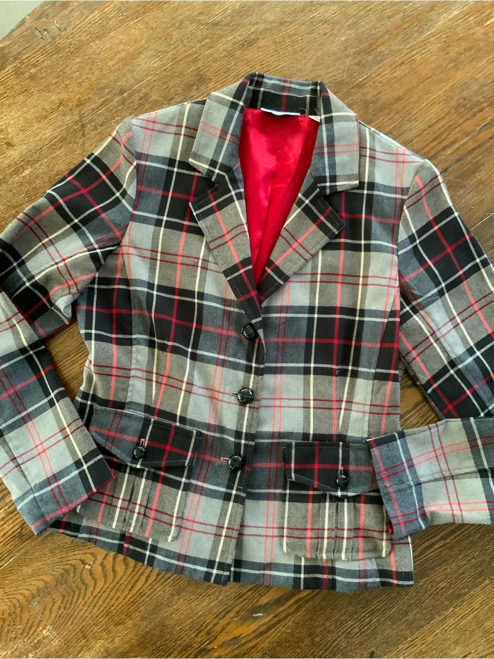 Red, Black & Gray Plaid Tailored Blazer